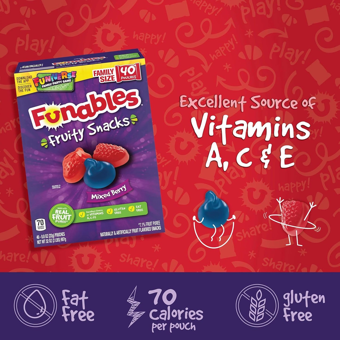 Funables Fruity Snacks, Mixed Berry Lunchbox Snack for Kids School Meals