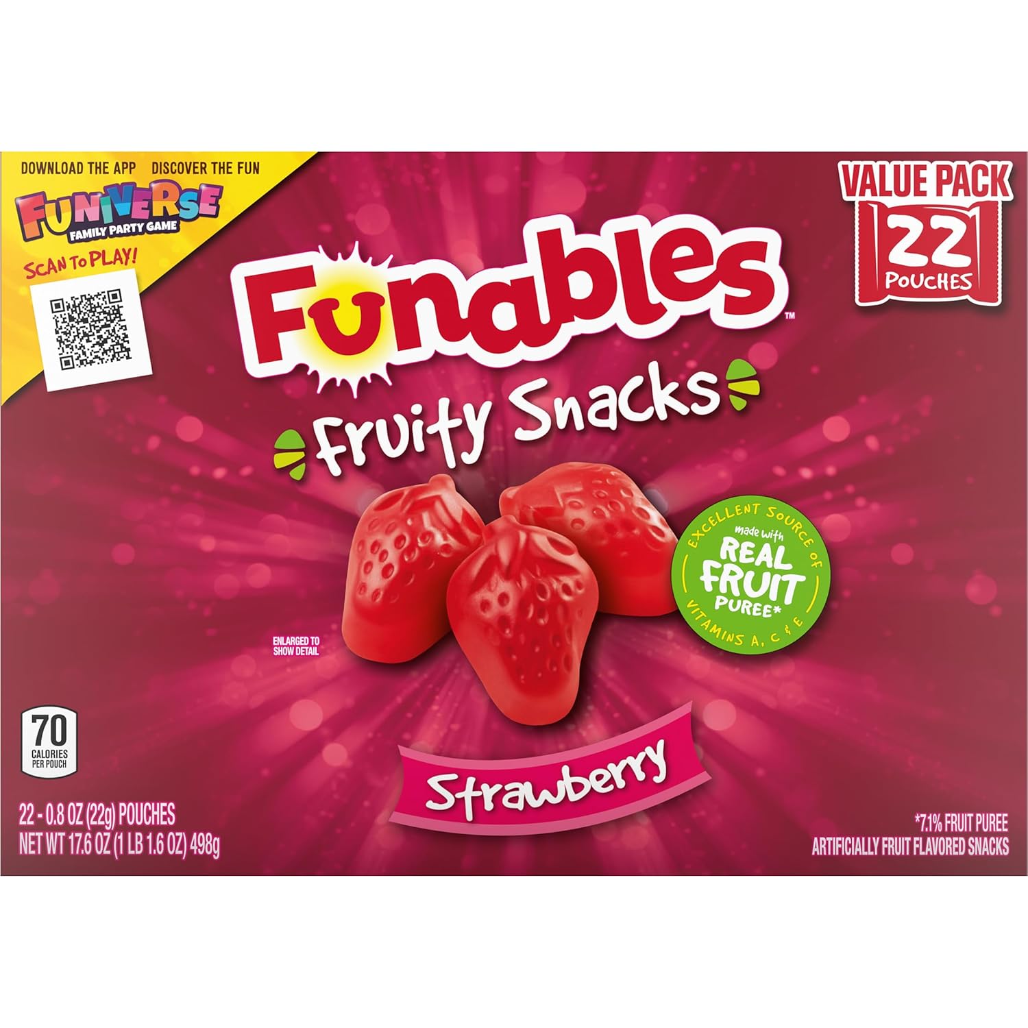 Funables Strawberry Gummy Snacks for Kids Lunchboxes, 22 Individually Wrapped 0.8 oz Pouches