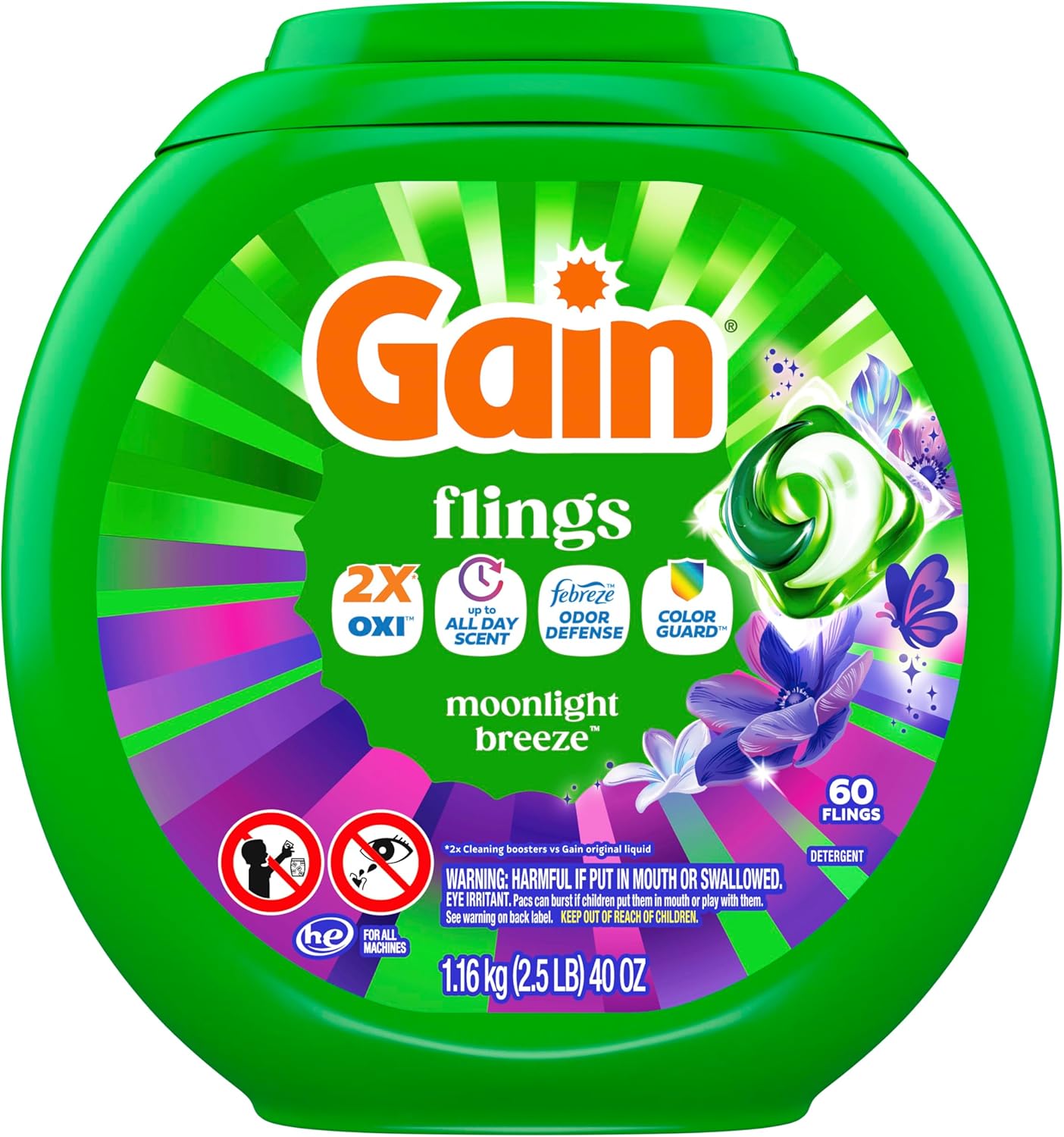 Gain Flings Moonlight Breeze Laundry Pacs – Family-Safe Laundry Pods for Kids' Bedroom & Mudroom, 4-in-1 Odor Defense