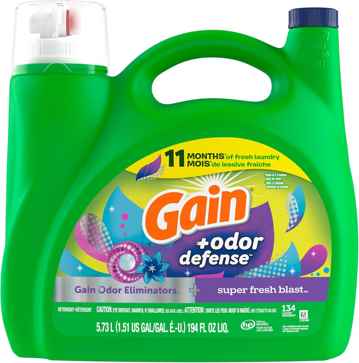 Gain Odor Defense Liquid Laundry Detergent Super Fresh Blast Scent 194 fl oz 134 Loads, Wellness Laundry Soap for Bath Time and Wind Down Routines