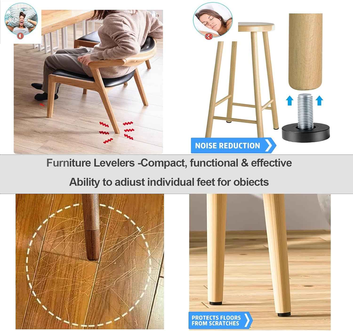 QWORK Adjustable Furniture Leg Levelers 12 Pack, Sleek Black Threaded Feet for Bedroom Dressers and Nightstands, Modern Home Upgrade