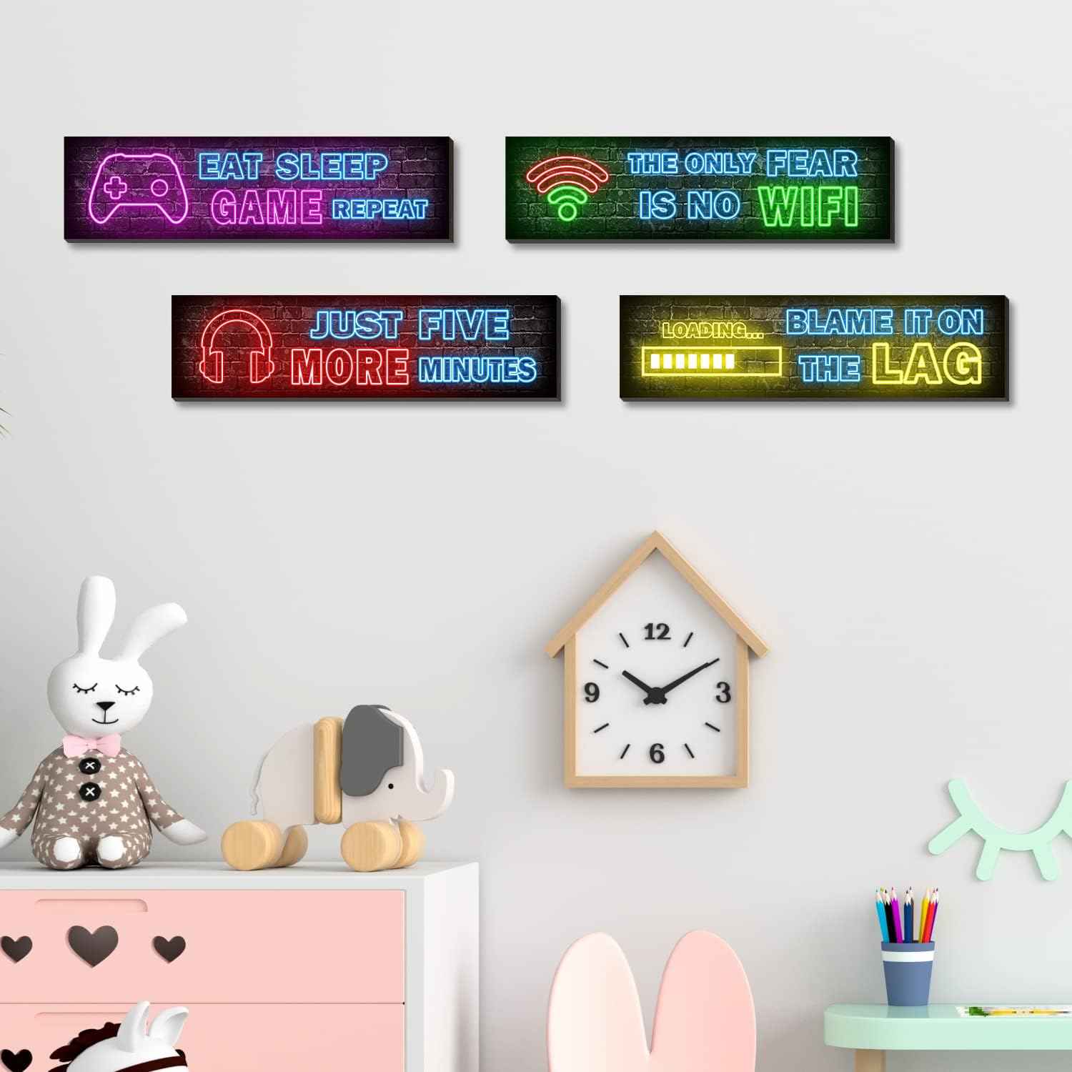4 Pcs Printed Neon Gaming Posters – Cool Christmas and Housewarming Gift for Gamers, Game Room Wood Signs