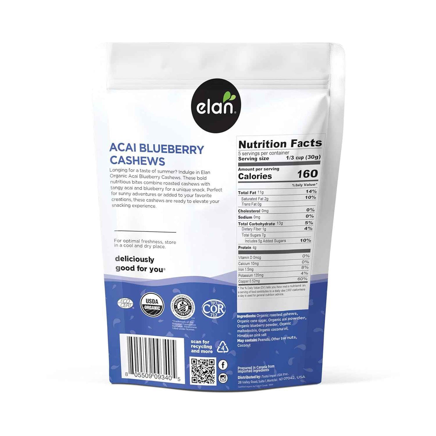 Elan Organic Acai Blueberry Cashews – Toddler Snack and Lunchbox Treat for Ages 2 and Up, 5.3 oz Allergen-Aware Family Bag