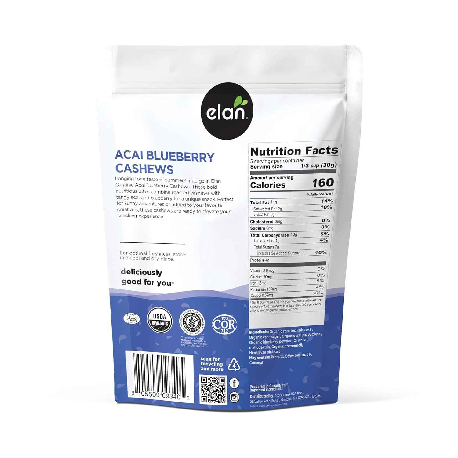 Elan Organic Acai Blueberry Cashews – Toddler Snack and Lunchbox Treat for Ages 2 and Up, 5.3 oz Allergen-Aware Family Bag