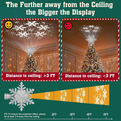 PliMook 3D LED Christmas Tree Topper Projector, No-Flame Glitter Glow and 6 Pattern Slides for Safe Christmas Eve Wonder in the Nursery, Silver