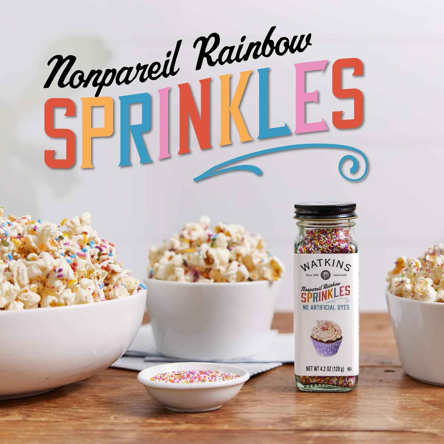 Watkins Gourmet Rainbow Nonpareils Sprinkles – Single Glass Jar of Naturally Colored Topping for Intentional Home Baking
