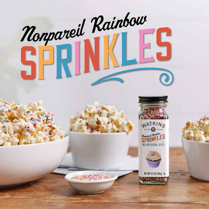 Watkins Gourmet Rainbow Nonpareils Sprinkles – Single Glass Jar of Naturally Colored Topping for Intentional Home Baking