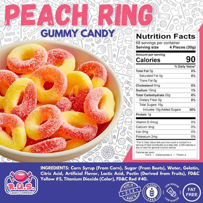 RUS Candy Company Peach Ring Gummies 8 oz Bag – Gluten-Free Fat-Free Indulgent Treat for Mindful Snacking