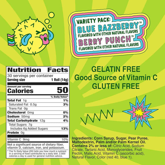 Fruit Roll-Ups Sour Variety Pack – Road Trip Snack for Families, 30-Count Blue Razzberry & Berry Punch