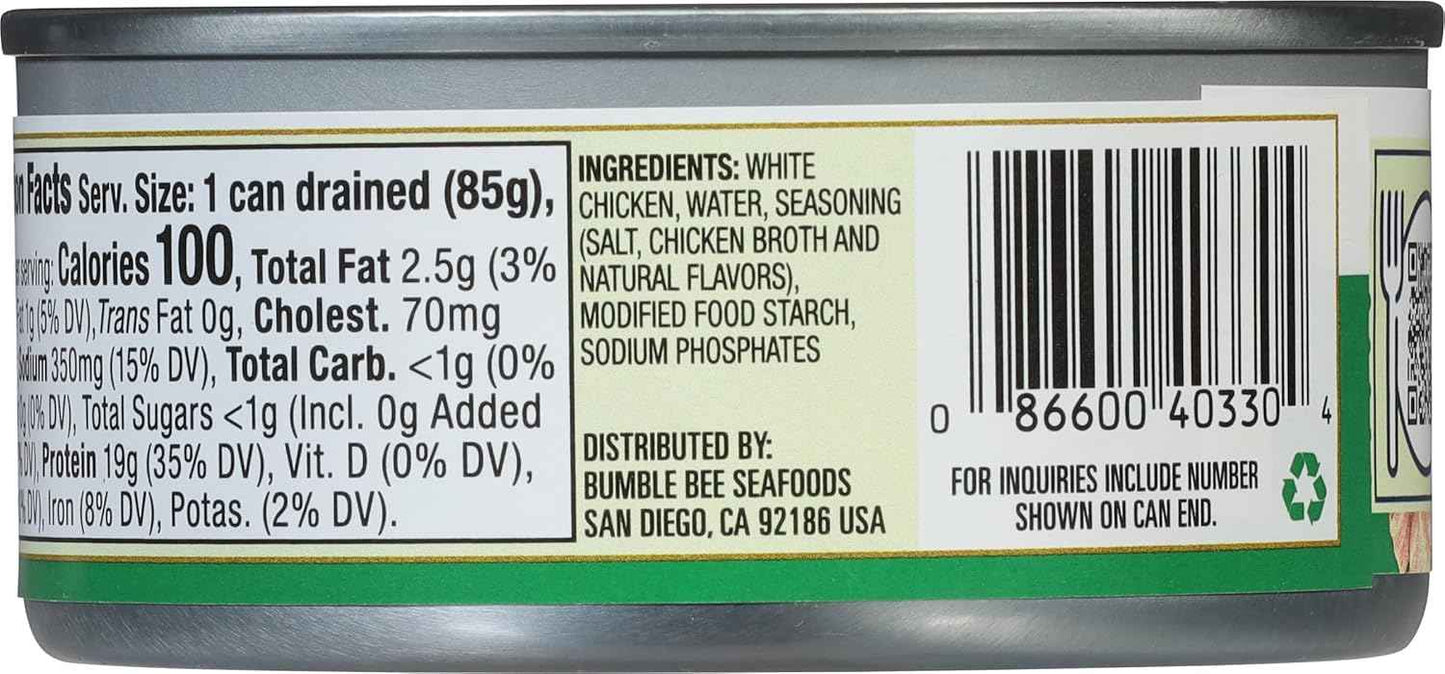 Bumble Bee Canned Premium White Chicken Chunks – Shelf-Stable High-Protein Pantry Staple for Low-Carb Wellness Routines