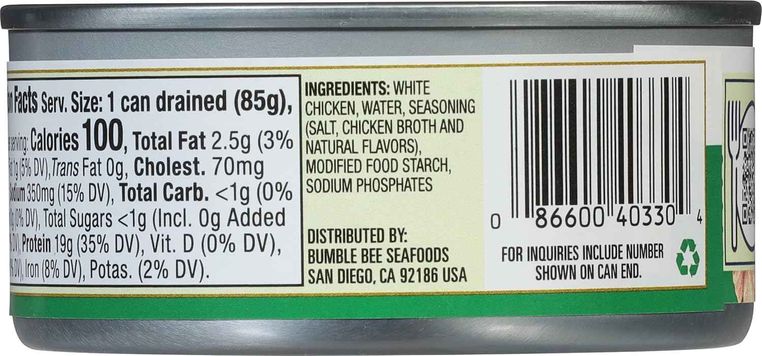 Bumble Bee Canned Premium White Chicken Chunks – Shelf-Stable High-Protein Pantry Staple for Low-Carb Wellness Routines