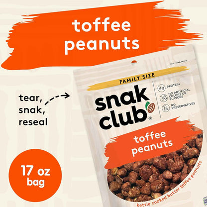 Snak Club Toffee Peanuts – Road Trip Snack for Travelers, Resealable 17 oz Pouch of Praline Toffee Peanuts