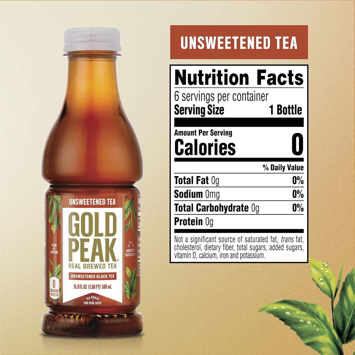 Gold Peak Unsweet Tea – Calorie-Free Hydration for Daily Wellness Routines, 16.9 fl oz 6 Pack