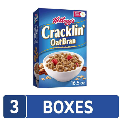 Kellogg's Cracklin' Oat Bran Breakfast Cereal, Fiber Cereal, Family Cereal, Original (3 Boxes) – Clean-Label Morning Bowl for Wellness-Focused Adults