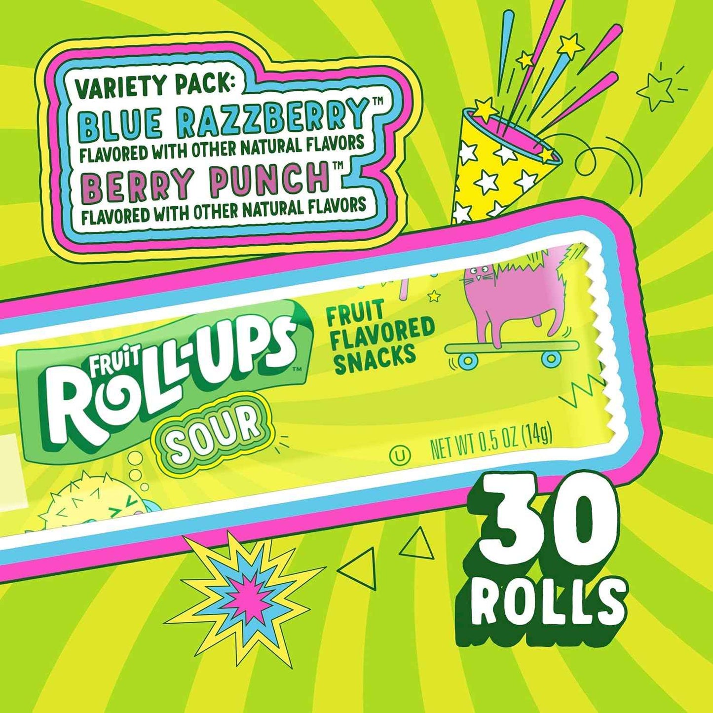 Fruit Roll-Ups Sour Variety Pack – Road Trip Snack for Families, 30-Count Blue Razzberry & Berry Punch