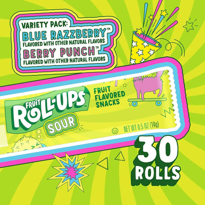 Fruit Roll-Ups Sour Variety Pack – Road Trip Snack for Families, 30-Count Blue Razzberry & Berry Punch