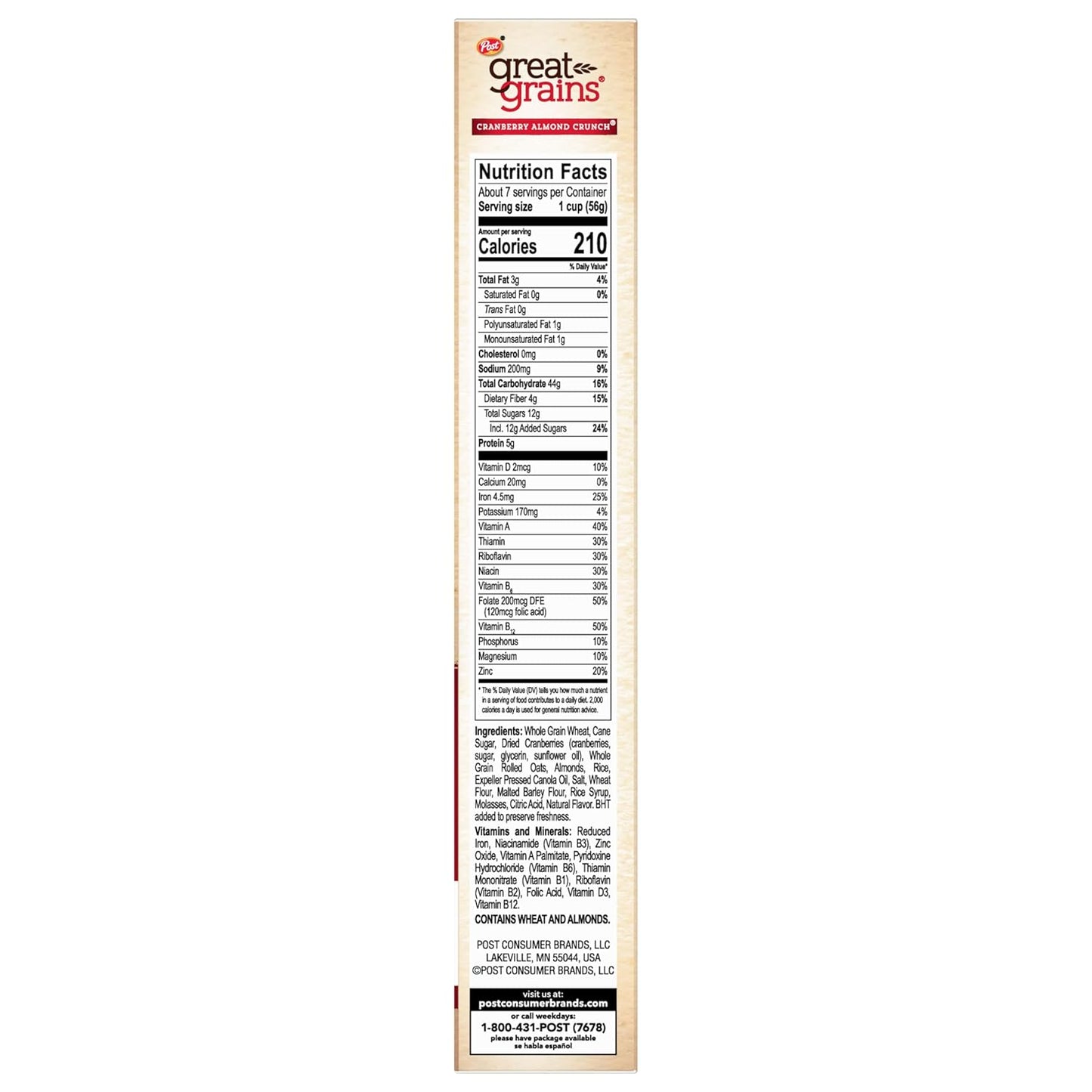 Great Grains Cranberry Almond Crunch Cereal – Kid-Friendly Whole Grain Breakfast Cereal for Family Bowls, 14 oz Box