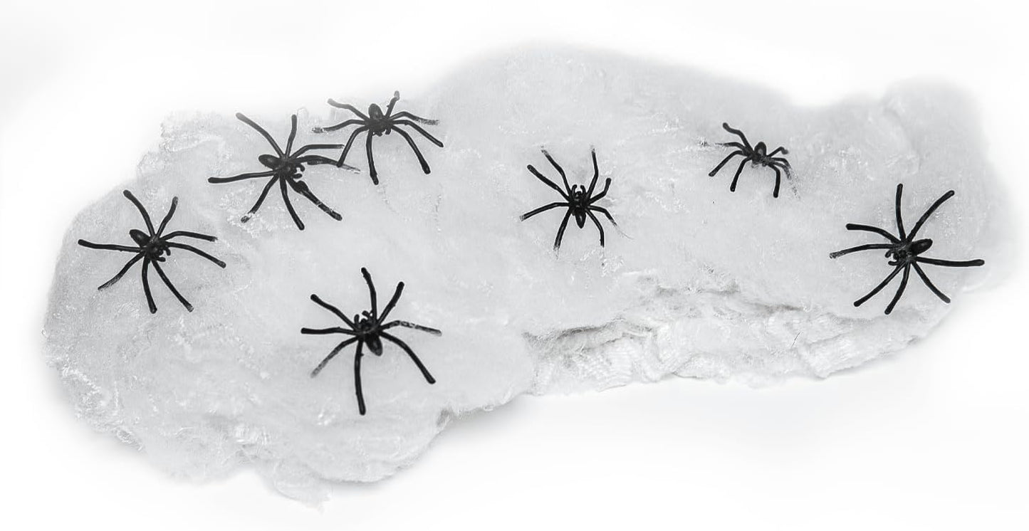 Happy Hippo Spider Web Halloween Decoration – Nursery-Safe Family Decor, Soft Webbing with Plastic Spiders for Kids' Rooms
