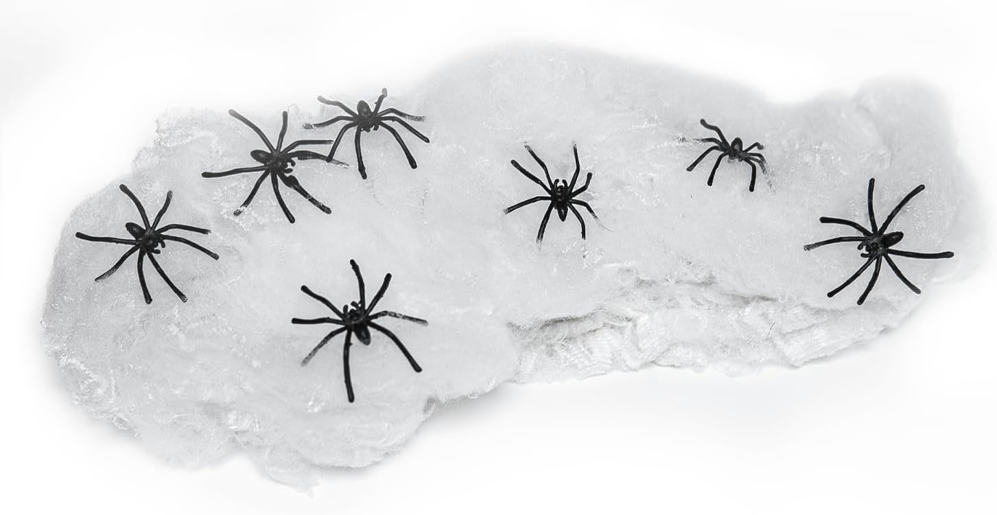 Happy Hippo Spider Web Halloween Decoration – Nursery-Safe Family Decor, Soft Webbing with Plastic Spiders for Kids' Rooms
