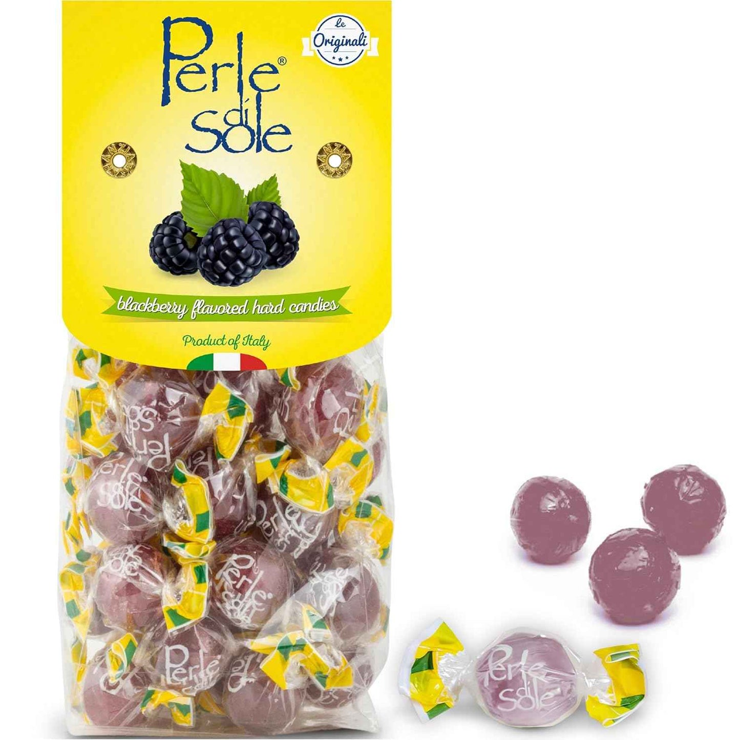 Perle di Sole Blackberry Italian Hard Candy Individually Wrapped – Premium Gourmet Confections, Imported Blackberry Bonbon with Fizzy Heart