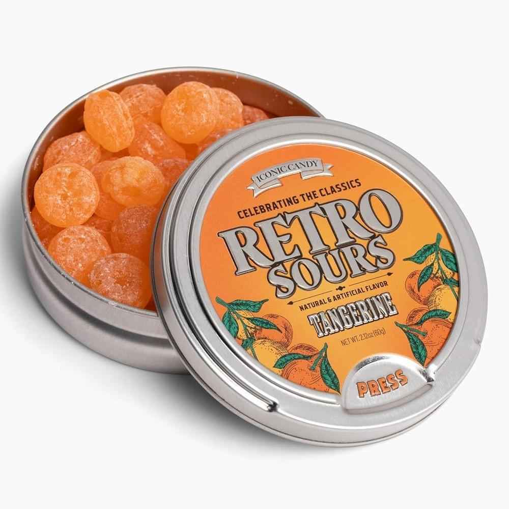Iconic Candy Retro Sours Hard Tangy Candy Tin – Housewarming Party Favor, Mango Flavored Collectible Candy Keepsake