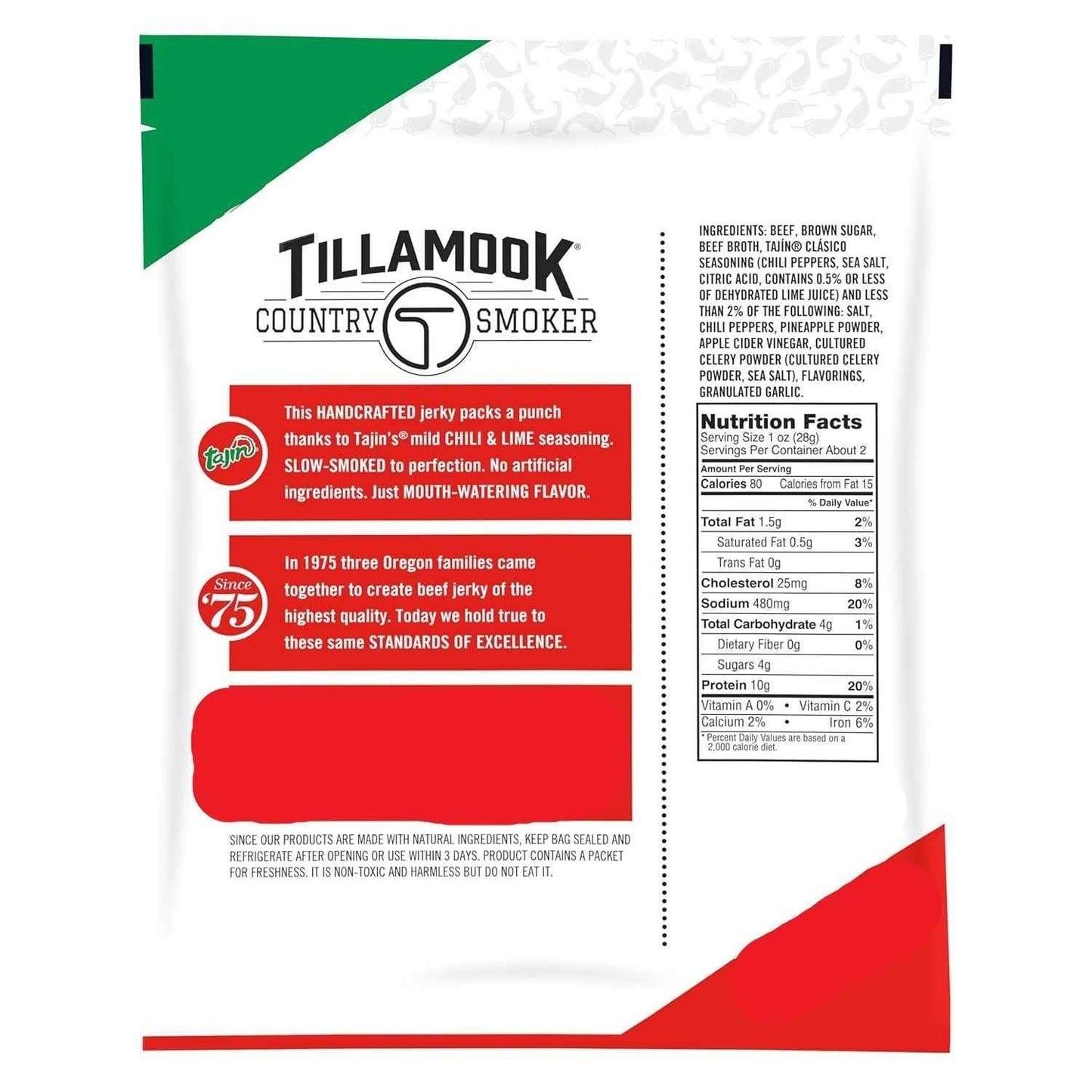 Tillamook Beef Jerky Tajin Chili Lime – Desk Friendly Low Carb Snack to Power Through Workdays, 2.2 oz Pouch