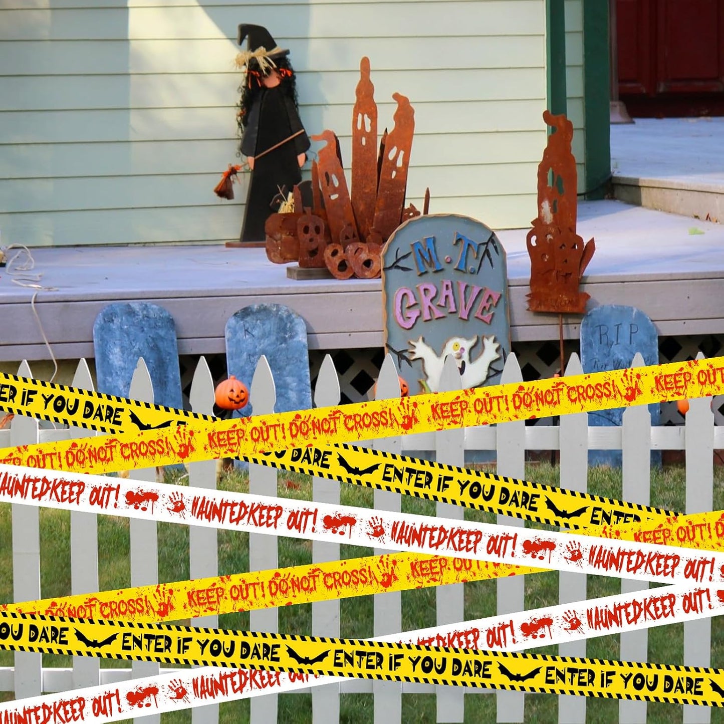 HauntHouse Halloween Caution Tape – Weatherproof Barrier for Patio, Driveway, and Walkway Marking