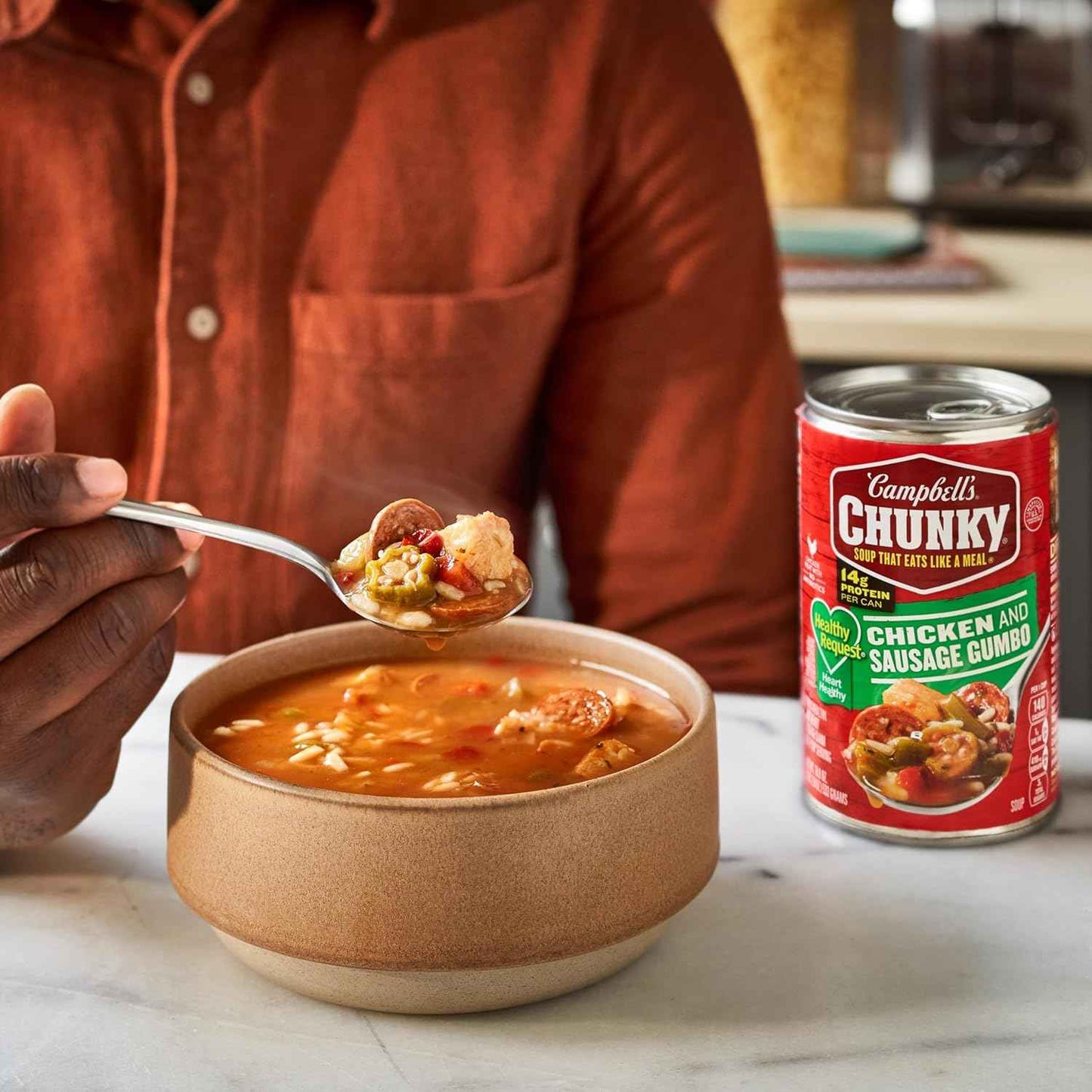 Campbell's Chunky Healthy Request Chicken and Sausage Gumbo Soup, 18.8 Oz Can – Antibiotic-Free Chicken Protein Lunch