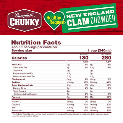Campbell's Chunky Soup Healthy Request Clam Chowder 18.8 oz Can – Wholesome Pantry Meal for Mindful Weeknight Dinners, Microwavable