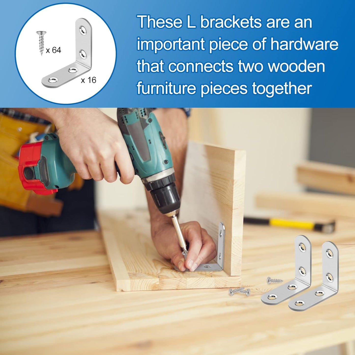 HENSUN L Bracket Set – Home Office Furniture Stabilizer, Silver Braces to Reinforce Desks and Workstation Shelves