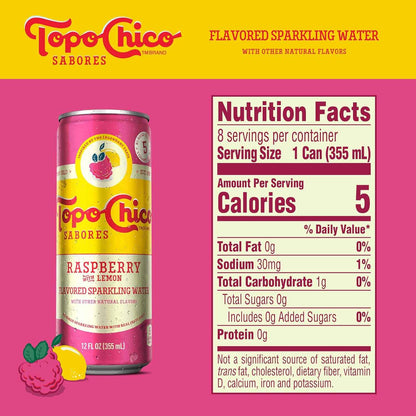 Topo Chico Sabores Raspberry with Lemon – Guilt-Free No-Added-Sugar Sparkling Refreshment for Mindful Hydration, 12oz 8pk