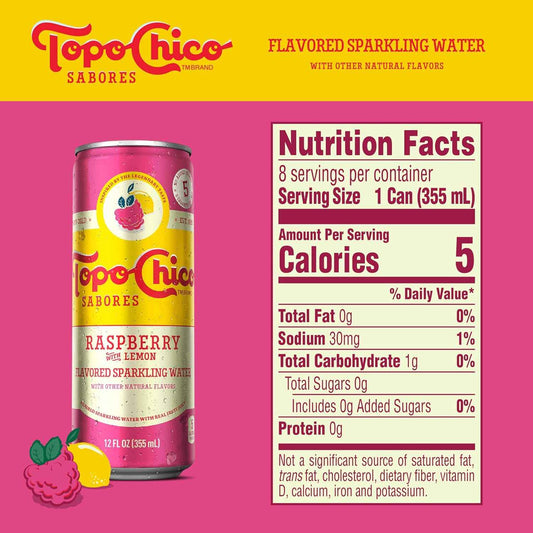 Topo Chico Sabores Raspberry with Lemon – Guilt-Free No-Added-Sugar Sparkling Refreshment for Mindful Hydration, 12oz 8pk