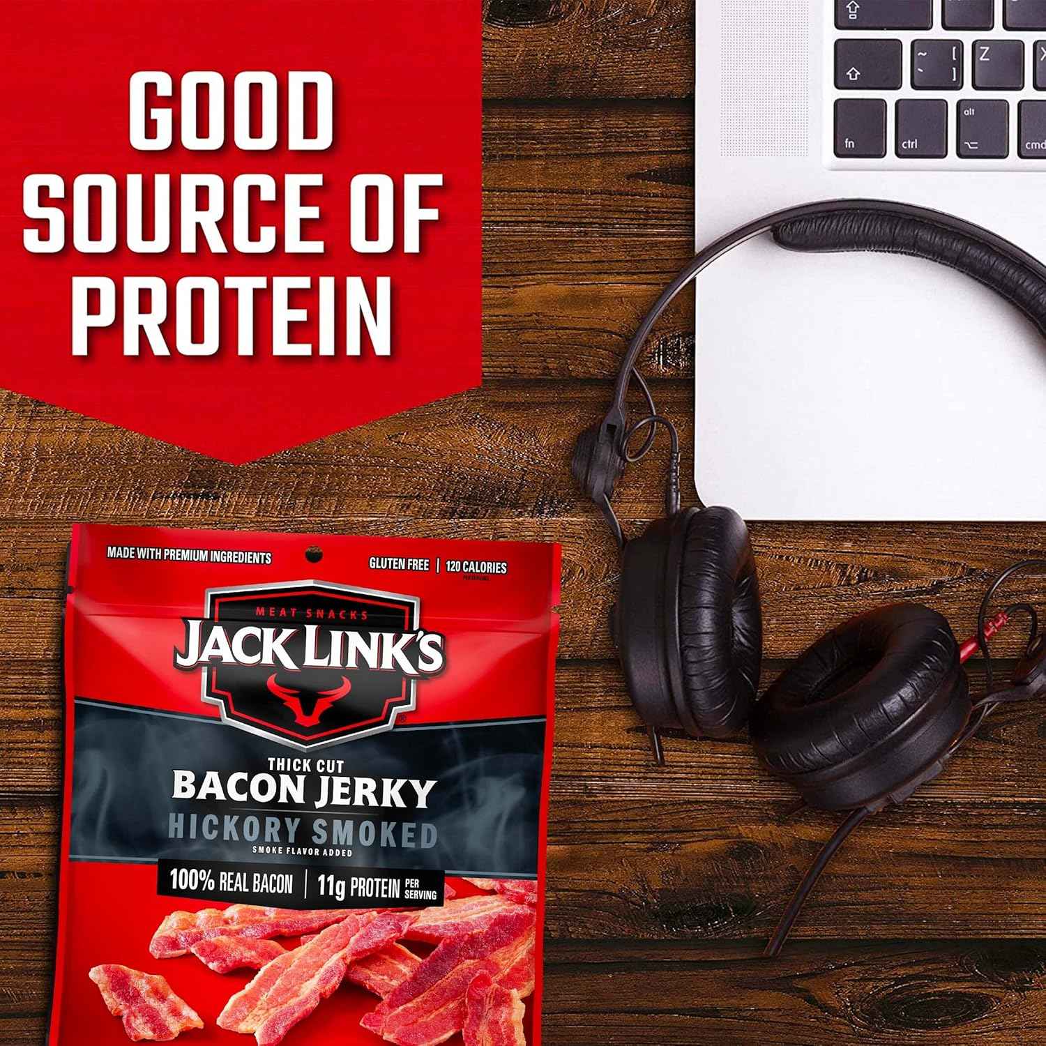 Jack Link's Bacon Jerky, Hickory Smoked – Portable Protein Snack for Hunting Blind and Camping Trip Lunches