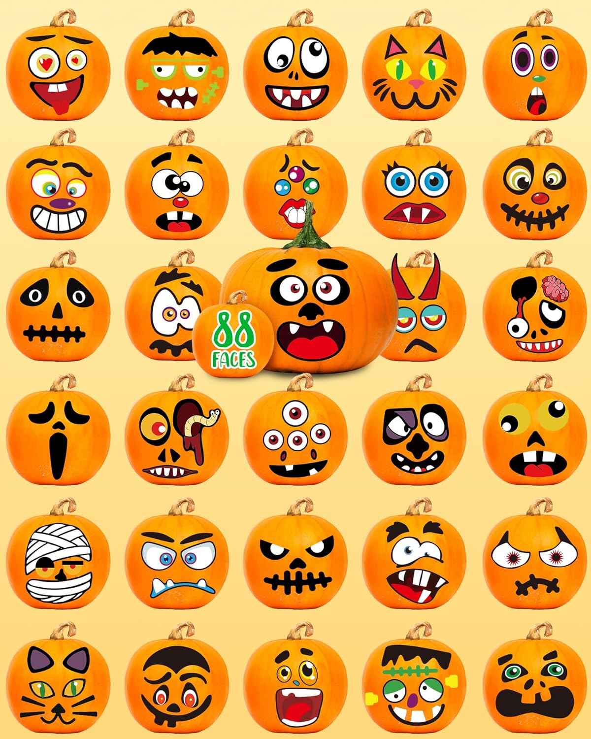 Greingways Non-Toxic Halloween Pumpkin Stickers, Child-Safe Vinyl Decorating Kit with 88 Funny Faces, No Sharp Tools Required