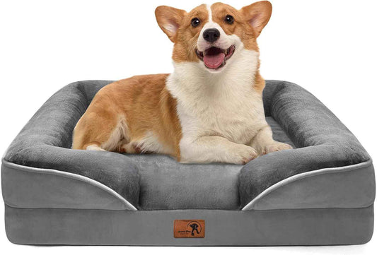 Ksiia Plush Bolster Dog Sofa – Living Room Accent Piece in Grey, Washable Orthopedic Couch for Medium Pets