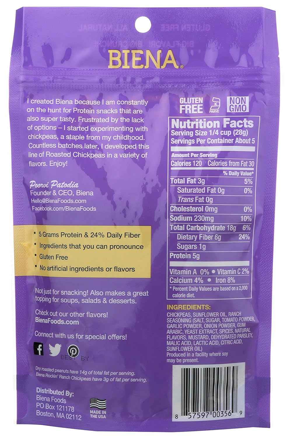 BIENA Rockin' Ranch Chickpea Snacks - High Fiber Vegan Protein Crunch for Healthy Pantry Snacking - 5 Ounce Resealable Pouch