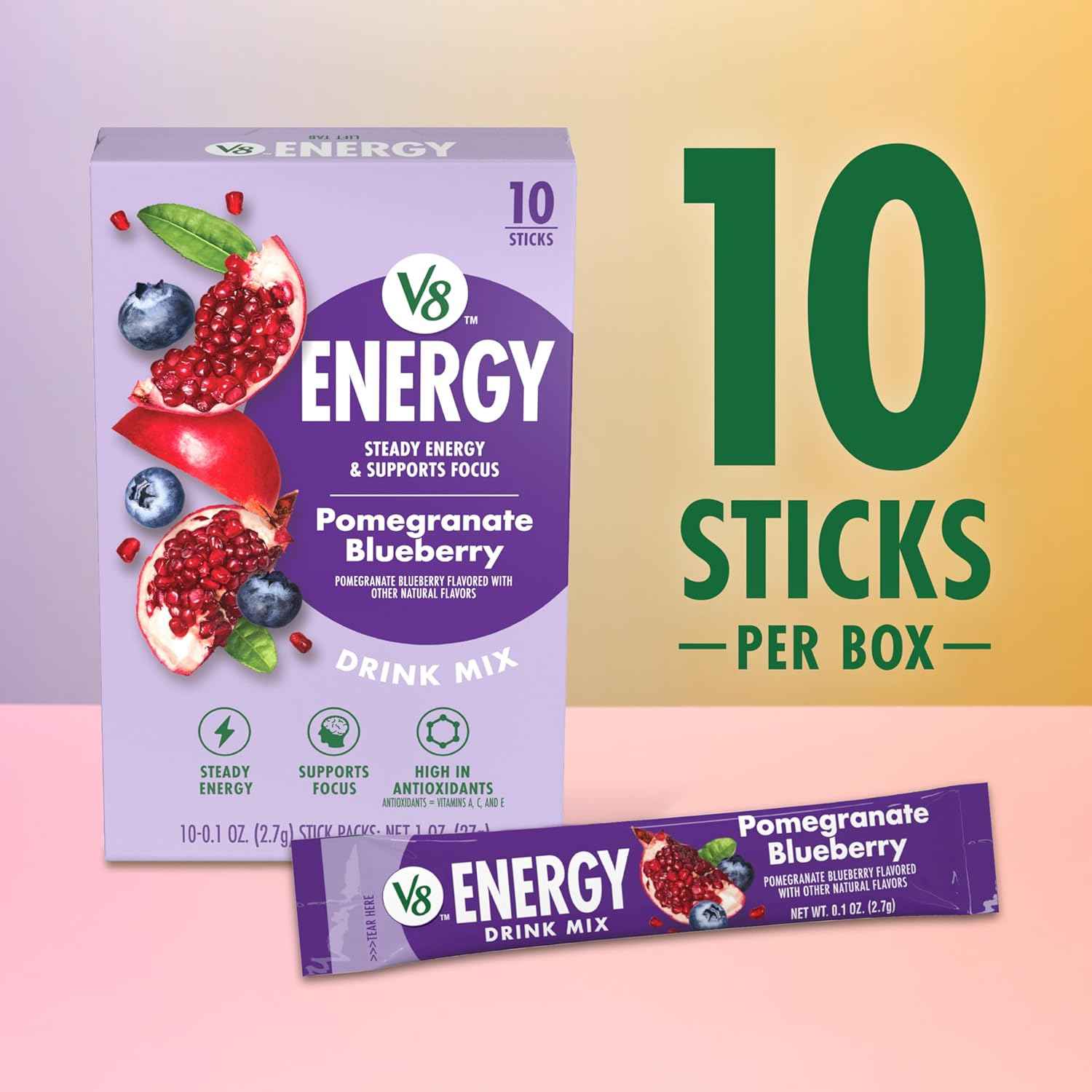 V8 Energy Strawberry Lemonade Energy Drink Powder for Desk and Commute, 10 Calorie Single Serve Sticks