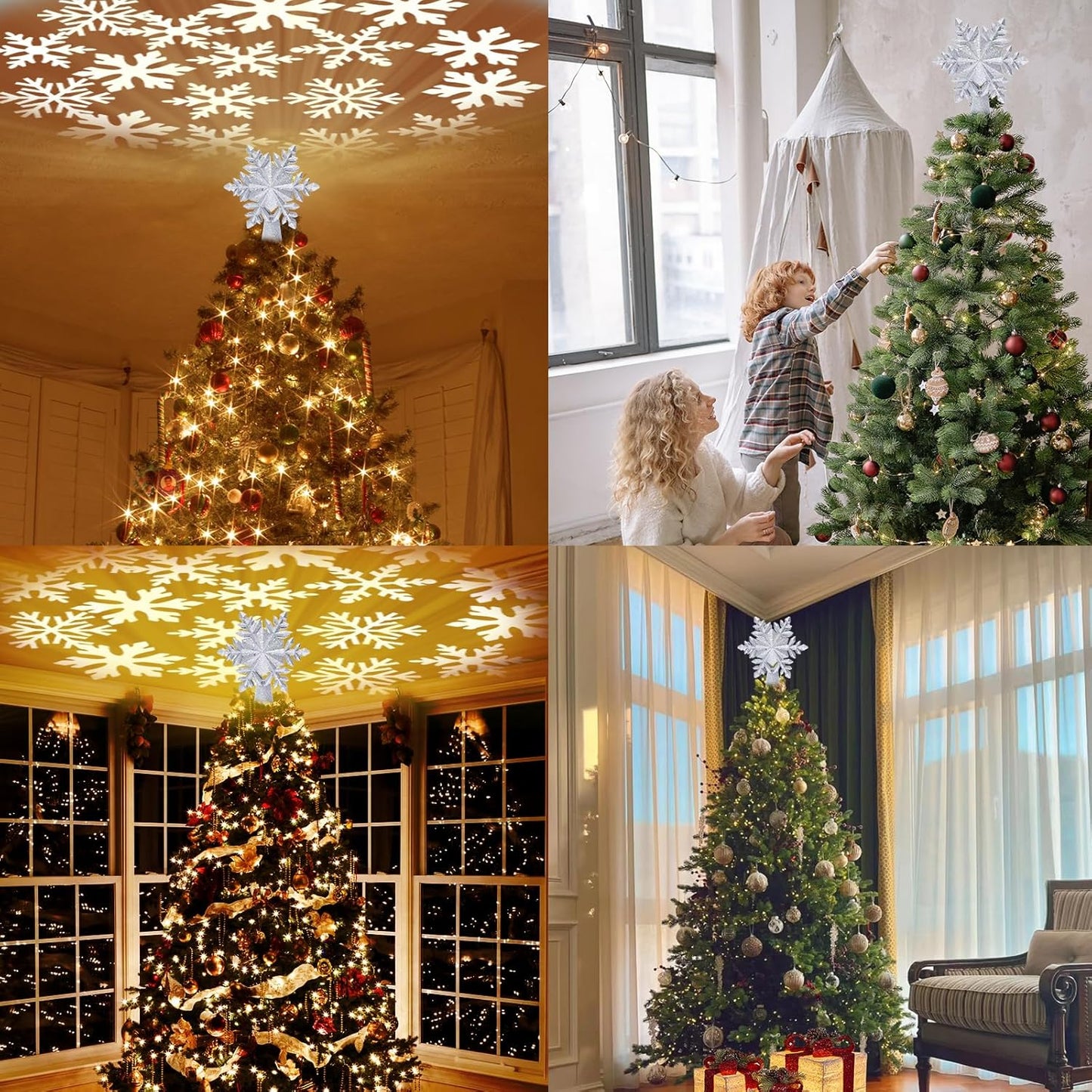 HOLIDAY MAGIC Snowflake Tree Topper with Rotating Projection – Child-Friendly Christmas Eve Magic for Kids Bedroom