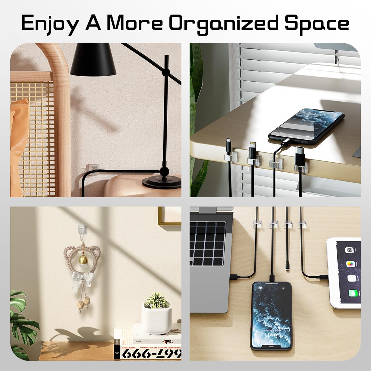 HOLIDAYOWL Home Office Cable Clips for Desk Setup, Clear Adhesive Hooks for USB HDMI and Ethernet Cord Management
