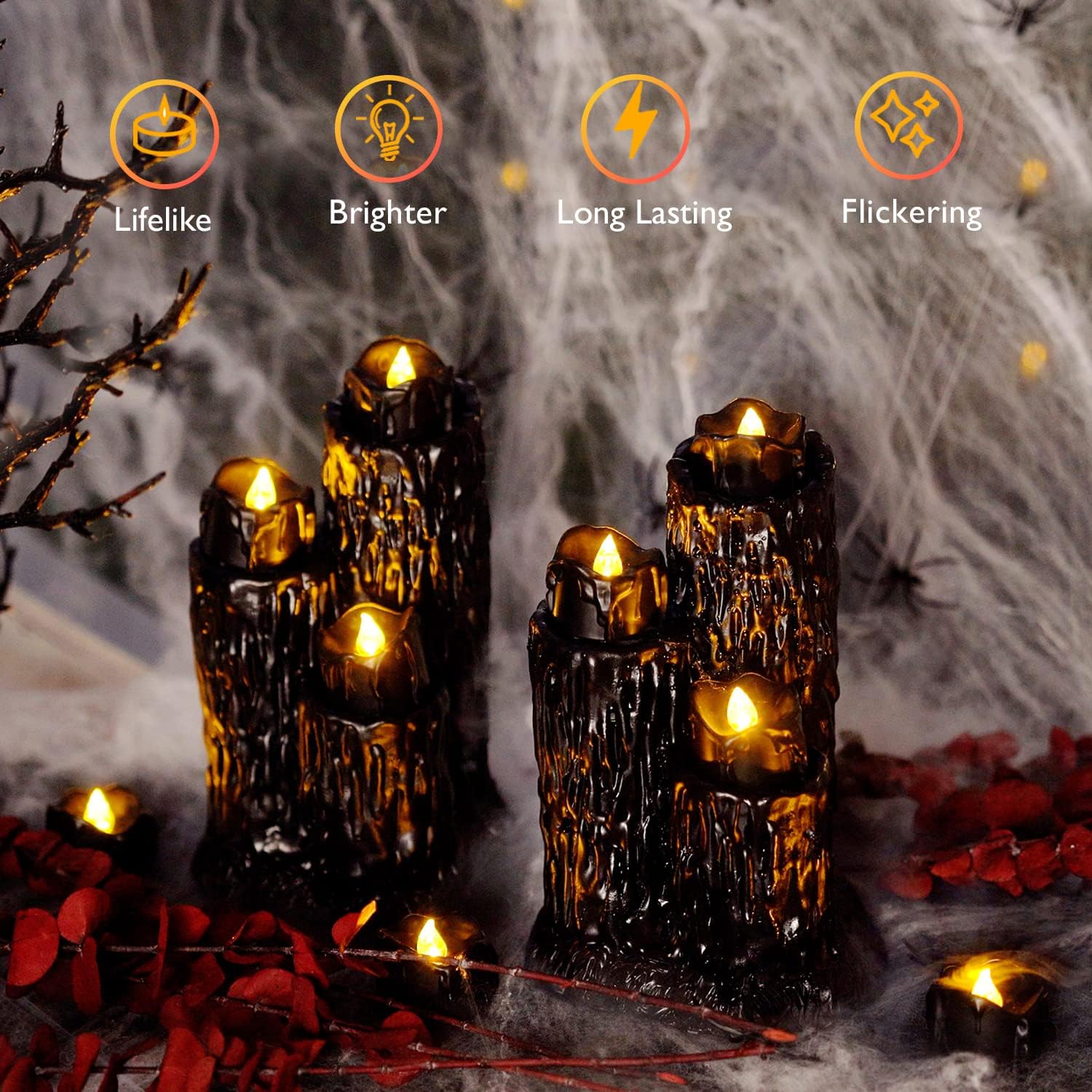 Homemory Flameless LED Tea Lights – Drip Style Black Halloween Candles, Smokeless & Fire-Safe for Homes with Kids and Pets
