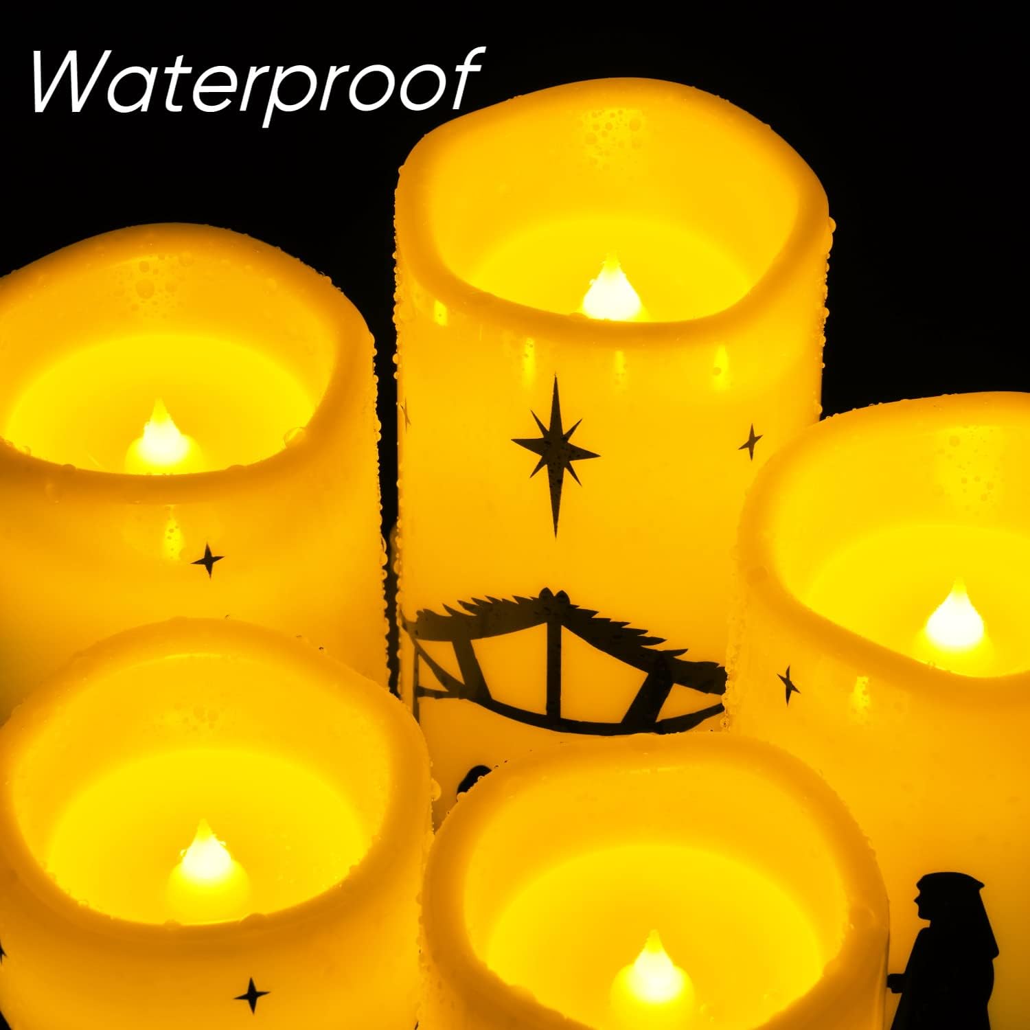 Homemory Flameless Nativity Pillar Candles - Child and Pet Safe LED Christmas Decor with Auto-Off Timer, 5 Pack