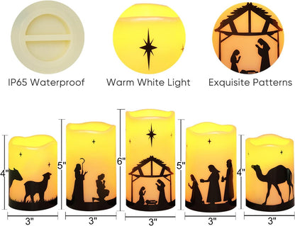 Homemory Flameless Nativity Pillar Candles - Child and Pet Safe LED Christmas Decor with Auto-Off Timer, 5 Pack