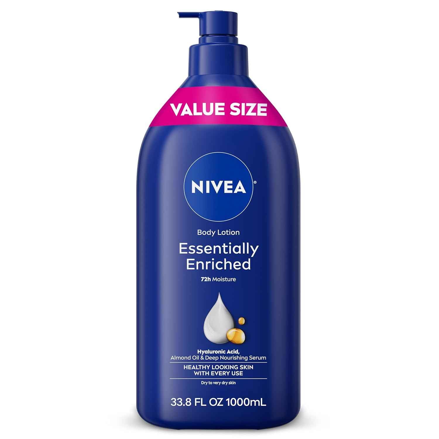 NIVEA Essentially Enriched Body Lotion for Very Dry Skin with Hyaluronic Acid and Almond Oil, 72-Hour Hydration for a Calming Nightly Self-Care Ritual, 33.8 Fl Oz Pump Bottle