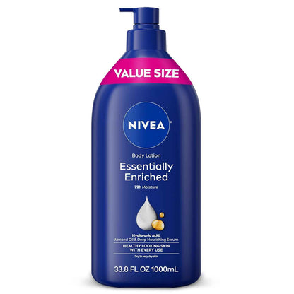NIVEA Essentially Enriched Body Lotion for Very Dry Skin with Hyaluronic Acid and Almond Oil, 72-Hour Hydration for a Calming Nightly Self-Care Ritual, 33.8 Fl Oz Pump Bottle