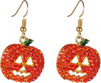 iWenSheng Halloween Pumpkin Earrings Red - Hypoallergenic Crystal Dangle Earrings Safe for Sensitive Skin, Fun Costume Accessory for Girls