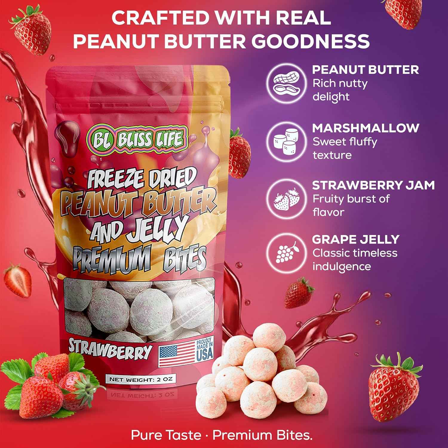 Freeze Dried PB&J Grape Candy – Lunchbox Snack for Kids, Crunchy Sweet Treat That Melts in Your Mouth 2oz