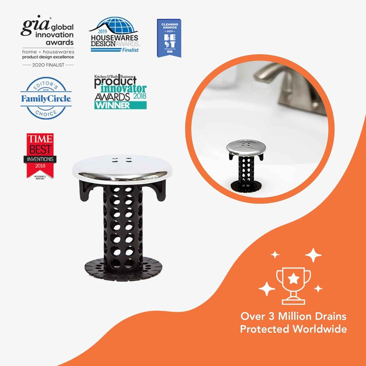 SinkShroom Chrome Edition - Chemical-Free Bathroom Drain Hair Catcher Safe for Kids, Pets, and Septic Systems