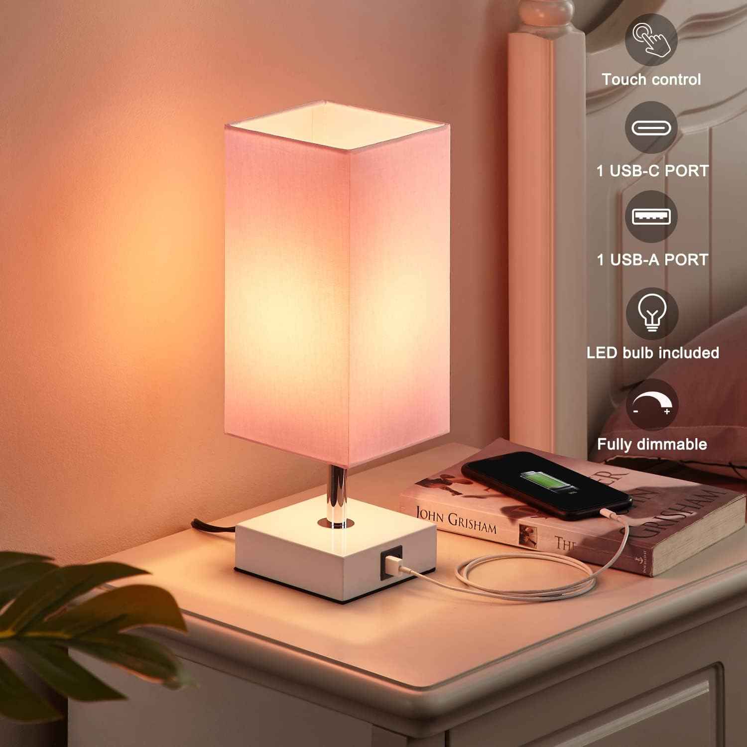 Ambimall Pink Touch Lamp – Cozy Housewarming Gift for Her, Bedside Nightstand Lamp with USB A and USB C Ports