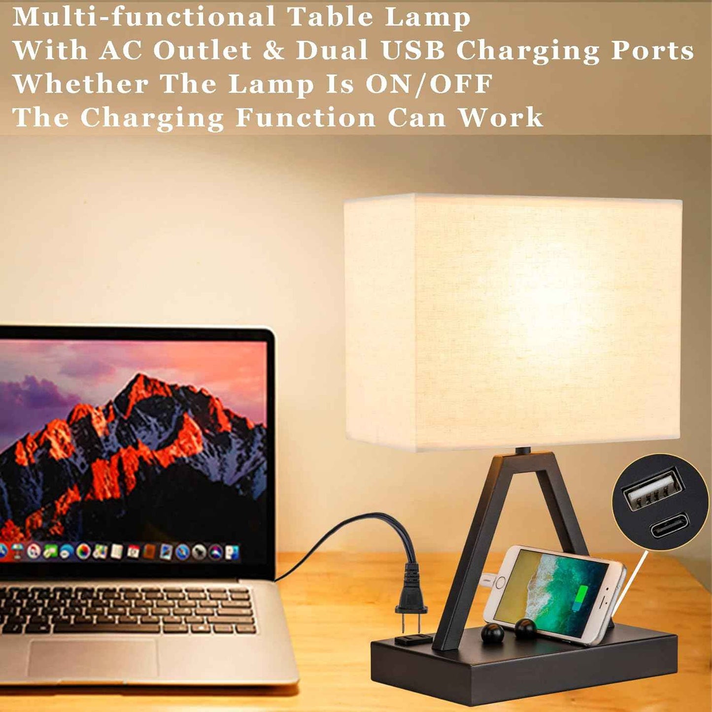 Briever 3-Way Dimmable Study Lamp – Focused Reading Light for Remote Work with USB A Port, AC Outlet and Flicker-Free 2700K LED