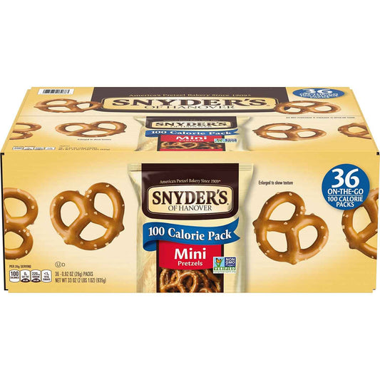 Snyder's of Hanover Mini Pretzels 100 Calorie Packs – Nut-Free School Lunch Snack for Kids, 36 Ct